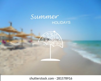 Vector blurred background - sea and beach with summer and travel icon - sunshade. Travel design.Tunisia. Logo. Vector illustration.