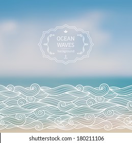 Vector blurred background with sea landscape and hand drawn sketch waves