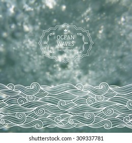 Vector blurred background with sea landscape and hand drawn sketch waves