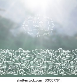 Vector blurred background with sea landscape and hand drawn sketch waves