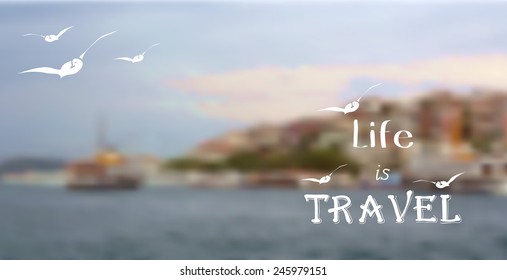 vector blurred background with sea. seagull, travel logo