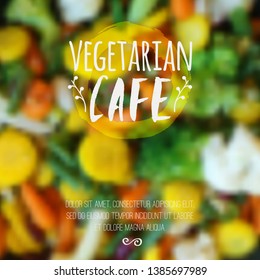 Vector blurred background with vegetables and eco label. Healthy fresh food, vegetarian and eco concept. Can be used for presentation, web, flyer, magazine, cover, poster.