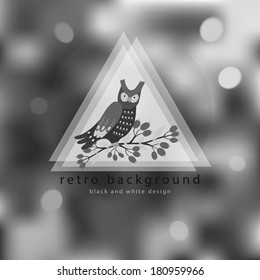 Vector blurred bokeh background with triangles and cute cartoon characters. Black and white design with hand drawing owl and floral elements.