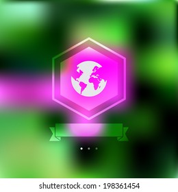 Vector blurred bright background. Hexagon label. Ribbon. Globe. Blur. Web and mobile interface template. Eco design.
