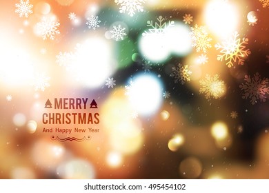 vector blurred christmas background with lights and snowflakes, merry christmas and happy new year text
