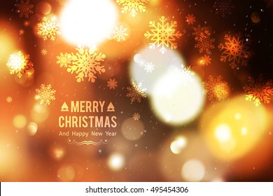 vector blurred christmas background with lights and snowflakes, merry christmas and happy new year text