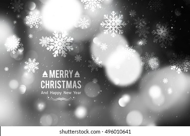 vector blurred christmas background with lights and snowflakes, merry christmas and happy new year text