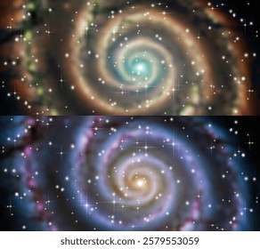 Vector blurred classic glowing starry cosmic spiral galaxy. Wide space poster. Universe nebulae. Smooth turbid grid