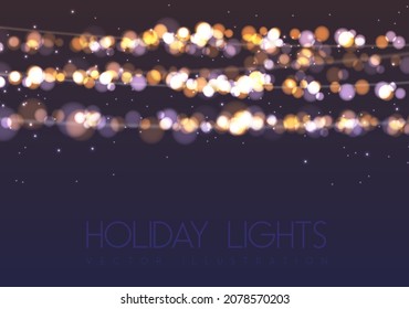 Vector blurred garlang of gold or yellow lamps on night sky background. Holiday string of lights vector illustration