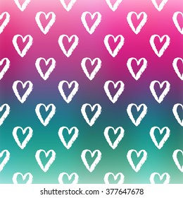 Vector blurred gradient background with white hearts seamless pattern. Abstract colorful illustration.  