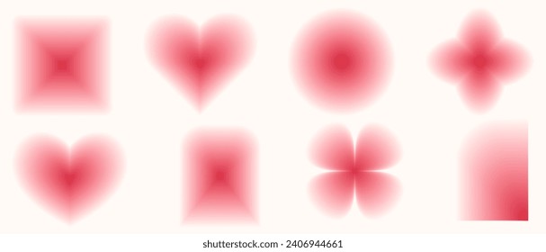 Vector, blurred, gradient shapes, blurred flower or heart aura elements, square, arch. Y2k style blurred gradient shapes.