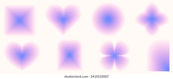 Vector, blurred, gradient shapes, blurred flower or heart aura elements, square, arch. Y2k style blurred gradient shapes.