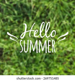 Vector blurred illustration with grass and "Hello Summer" typographical phrase