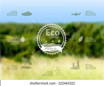 Vector blurred landscape background with eco label on it.  Environmental icons factory, wood, plane and other. Web interface design. Think green. Environmentally friendly Concept.