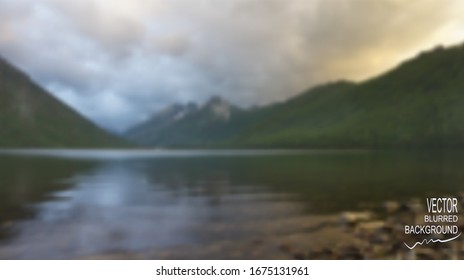 Vektorillustration unscharfer Hintergrund. Bergsee mit Reflexion, Himmel, Wolken und Ufer. Retro-Etikettendesign. Farbton, weicher Fokus, Kopienraum
