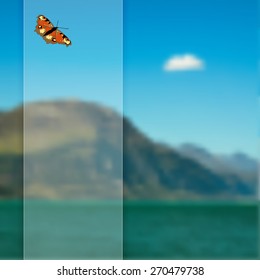 Vector blurred landscape background with sea and mountain. Space for text with butterfly.