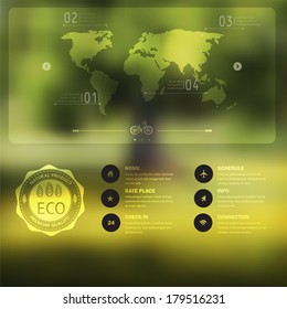 Vector blurred landscape, eco badge, ecology label, nature view, map, web and mobile template. Corporate website design. Web media backdrop. Travel. Blurred. Background. Badge. Website icons template