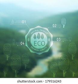 Vector blurred landscape, eco badge, ecology label, nature view. Tropical paradise. Green mountains,  web and mobile interface template. Travel website design. 