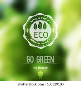 Vector blurred landscape, eco badge, ecology label, nature view.Green, organic product.  Eco products, organic standard, or premium quality green product. Quote