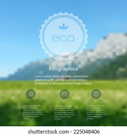 Vector blurred landscape, eco badge, ecology label. Eco products, organic standard, or premium quality green product.