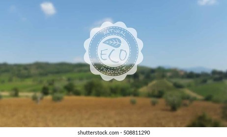 Vector blurred landscape, ecology label, nature view. Blur background with sky, trees, fields. Mobile interface template. Eco design for website. Unfocus.
