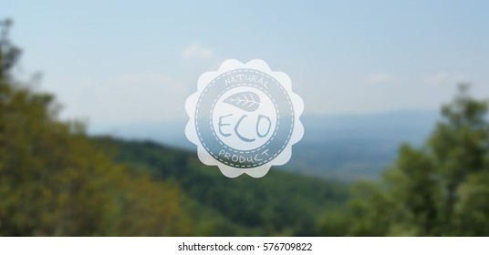 Vector blurred landscape, ecology label, nature view. Blur background with sky, trees. Mobile interface template. Eco design for website. Unfocus.