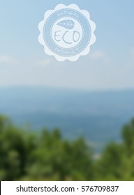 Vector blurred landscape, ecology label, nature view. Blur background with sky, trees. Mobile interface template. Eco design for website. Unfocus.