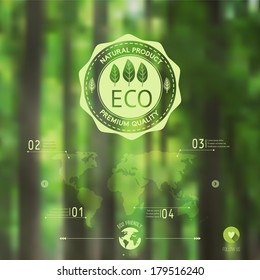 Vector blurred landscape,  forest, eco badge, ecology label, nature view. Forest blur background, web and mobile interface template. Eco design. 