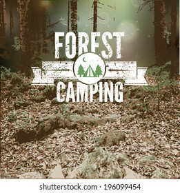 Vector blurred landscape,  forest, eco badge, ecology label, nature view. Forest blur background, web and mobile interface template. Eco design.