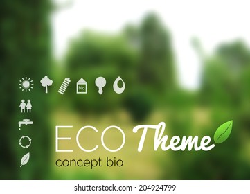 Vector blurred landscape, forest, ecology label, nature view. Forest blur background, web and mobile interface template. Eco design with icons