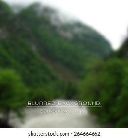 Vector blurred landscape. Lake view. Mountain river in the fog. Travel design. Web and mobile interface template. Eco design.