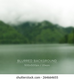 Vector blurred landscape. Lake view. Mountains in the fog. Travel design. Web and mobile interface template. Eco design.
