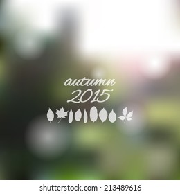 Vector blurred landscape with leaves silhouettes, leaf fall text, ecology and nature view. Web and mobile interface template. Travel website design. 