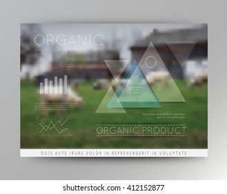 Vector blurred landscape with sheep, eco badge, ecology label, nature view with rams.Green, organic product. Eco products, organic standard, or premium quality green product.