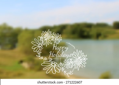 Vector blurred landscape, view nature. Green forest near river