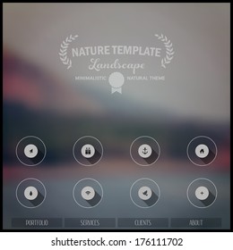 Vector blurred natural landscape. Set icons, long shadow, flat minimalistic design, identity. Travel, enjoy nature concept. Web, mobile interface template. Corporate website design. Backdrop. Blurred