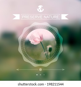 Vector blurred natural landscape whith poppy, ecology label, nature view, globe. Forest blur background. Web and mobile interface template. Eco design.