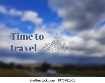 Vector blurred nature background blue color. Time to travel logo poster with mountains