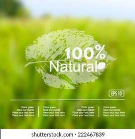 Vector blurred nature background with eco label of Organic Standart Farm Fresh Food. Think green.  Premium quality green product. Quote. Environmental protection.