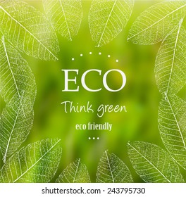 Vector Blurred Nature Background With Eco Label Of Organic Standart Farm Fresh Food. Think Green. Premium Quality Green Product. Quote. Environmental Protection.