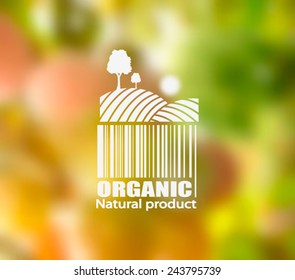 Vector blurred nature background with eco label of Organic Standart Farm Fresh Food. Think green. Premium quality green product. Quote. Environmental protection.