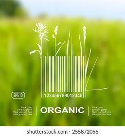 Vector blurred nature background with eco label of Organic Farm Fresh Food. Think green. Premium quality green product. Quote. Environmental protection.