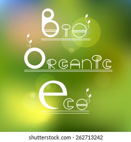 Vector blurred nature background with eco label of Organic Farm Fresh Food. Eco products, organic standard, or premium quality green product. 