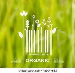 Vector blurred nature background with eco label of Organic Farm Fresh Food. Think green. Premium quality green product. Quote. Environmental protection.