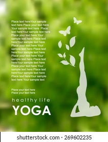 Vector blurred nature background with Silhouette of Young Woman practicing Yoga Posing. Yoga class. Yoga studio. Yoga exercises and recreation. Healthy Lifestyle Concept