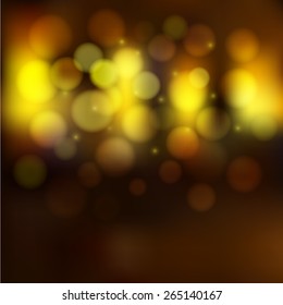Vector Blurred Night Golden Lights, Bokeh effect and sparkles. Unclear street and shining windows background. 