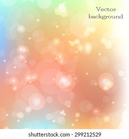 Vector blurred pastel abstract background. Bokeh effect and sparkles. Soft light background for flyer, blank, card, banner, invitation, brochure cover design template. 