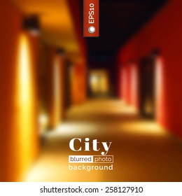 Vector blurred photo background. Backdrop with city for poster. Travel poster with urban landscape. City design for website. Blur. Unfocus. Wallpaper for presentation, advertising, publishing, print.