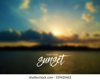 Vector blurred photographic background, Vintage unfocused poster. Sunset on the water