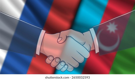 Vector blurred political economic poster. Blurry wavy flags of Russian Federation and Republic of Azerbaijan. Deal. Handshake. Friendly agreement